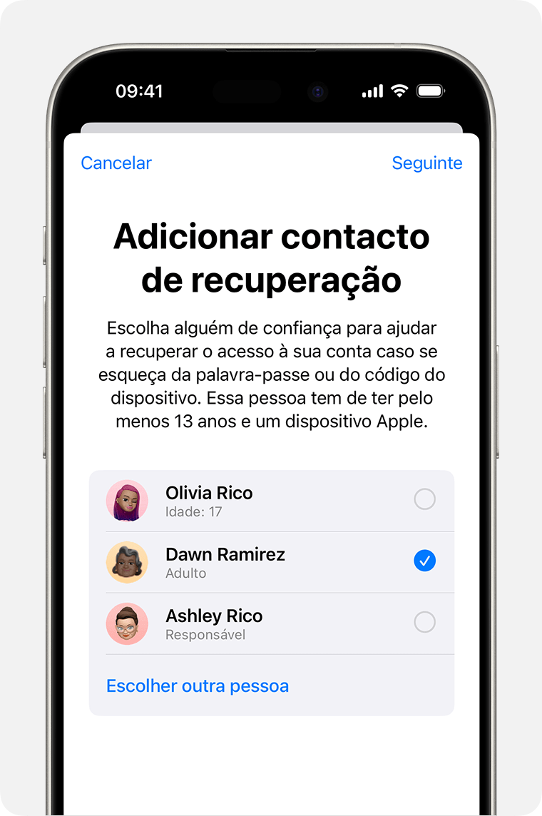 iPhone a mostrar os contactos que pode adicionar como contacto de recuperação