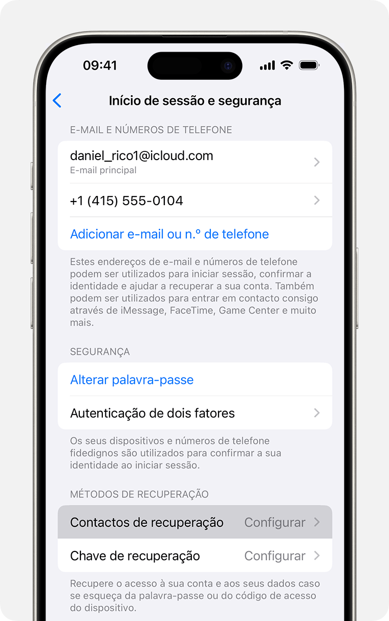 iPhone a mostrar as definições da conta Apple e como adicionar um contacto de recuperação