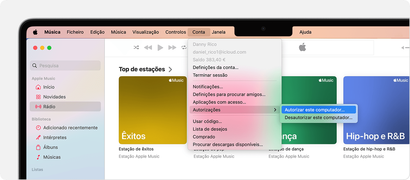 A app Apple Music no Mac a mostrar Autorizar este computador ou Desautorizar este computador