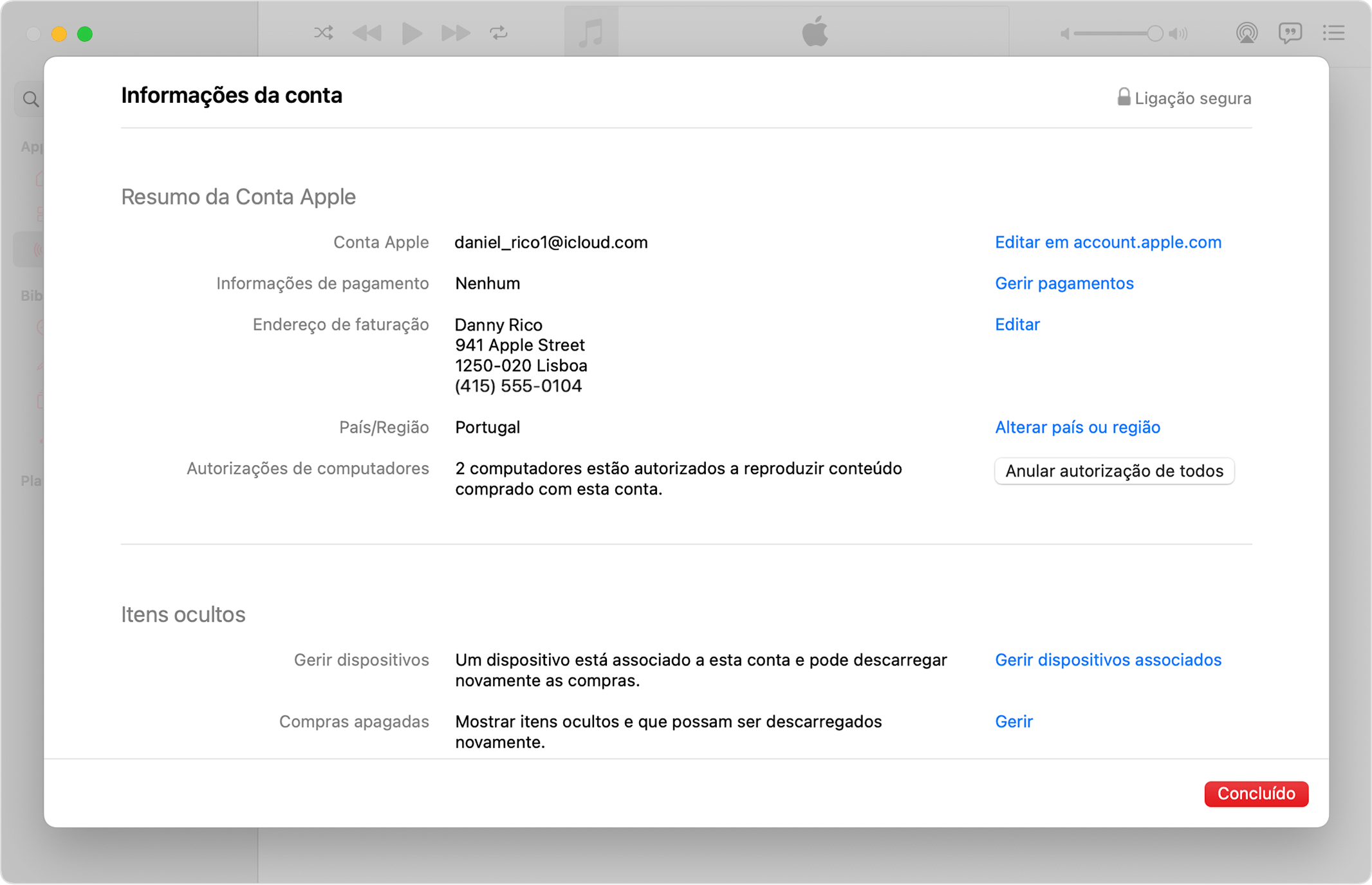 A app Apple Music no Mac a mostrar a página Informação da conta e o botão Desautorizar tudo