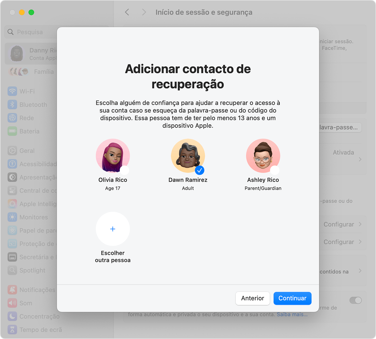 Mac a mostrar os contactos que pode adicionar como contacto de recuperação