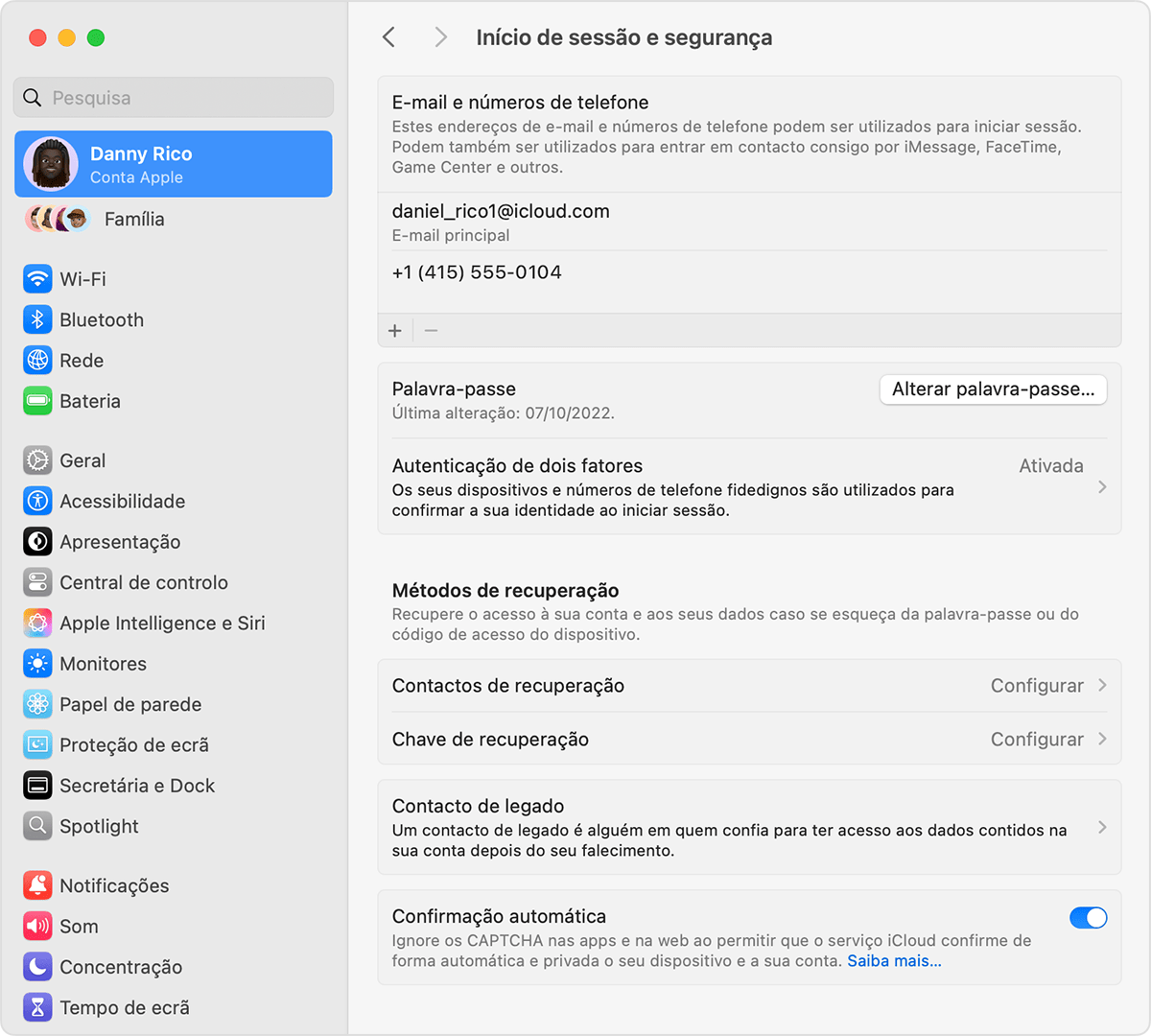 Mac a mostrar as Definições do sistema e como adicionar um contacto de recuperação