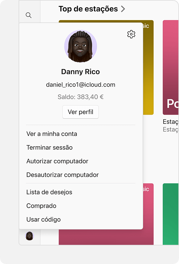 O menu Conta na Apple Music para Windows, com o saldo da conta apresentado.