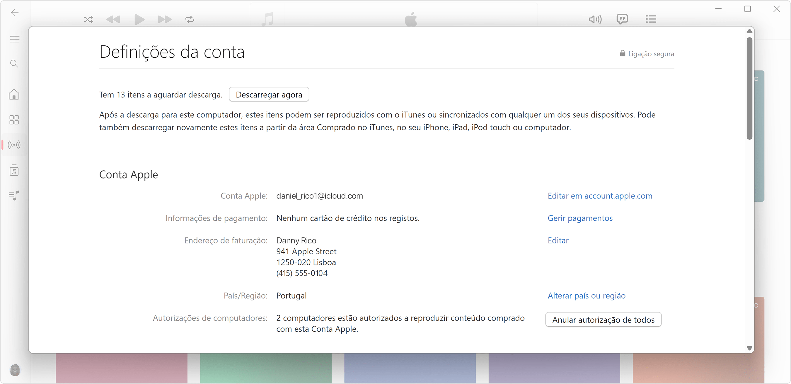 A app Apple Music para PC Windows a mostrar a página Informação da conta e quantos computadores estão autorizados