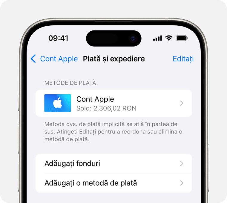 Un ecran de iPhone care afișează configurările Plată și expediere pentru contul Apple. Pentru a adăuga o metodă de plată, atinge Adăugați o metodă de plată.