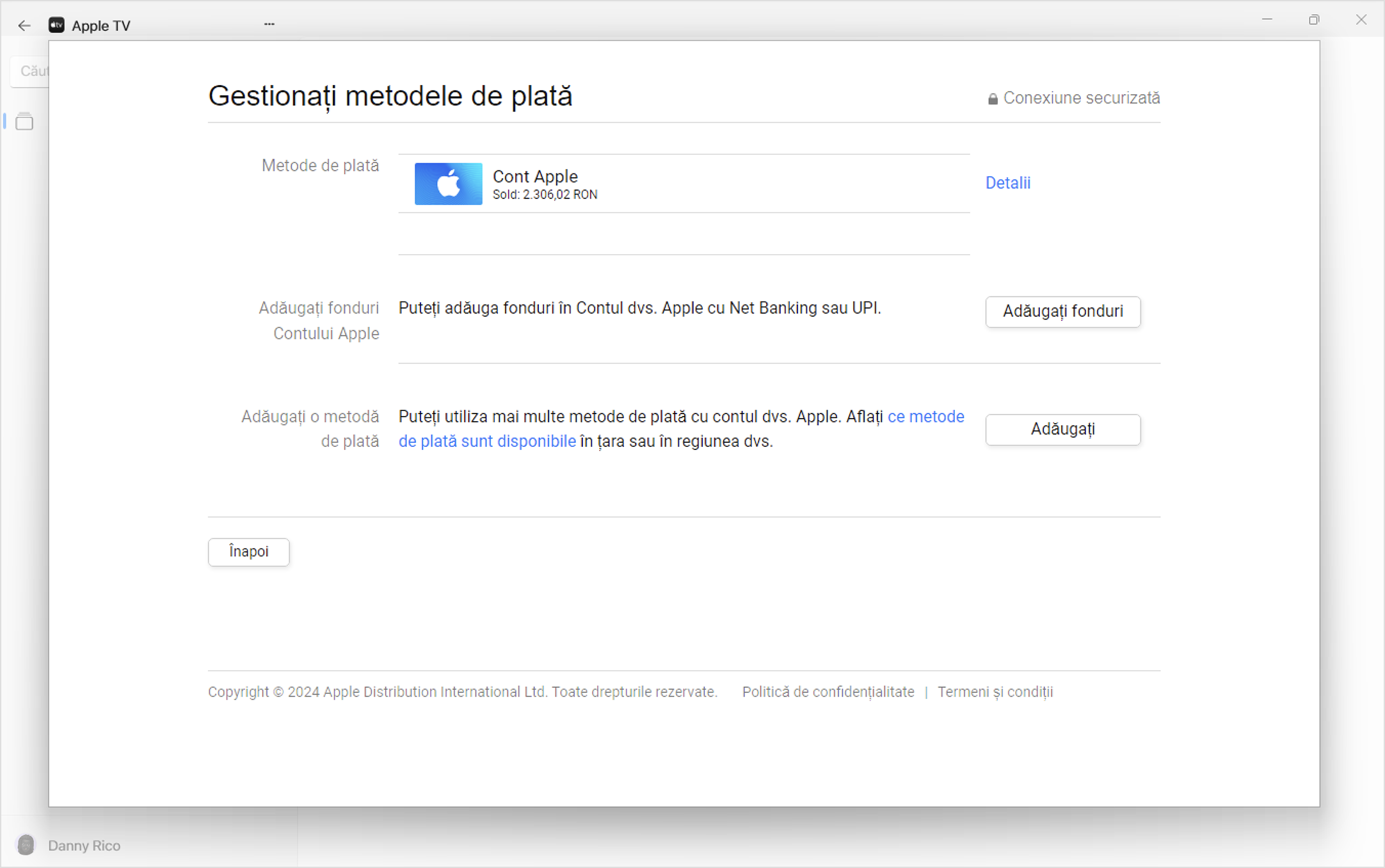 Un ecran Windows care afișează configurările Gestionare plăți în aplicația Apple Music. Pentru a adăuga o metodă de plată, fă clic pe Adăugați o metodă de plată.