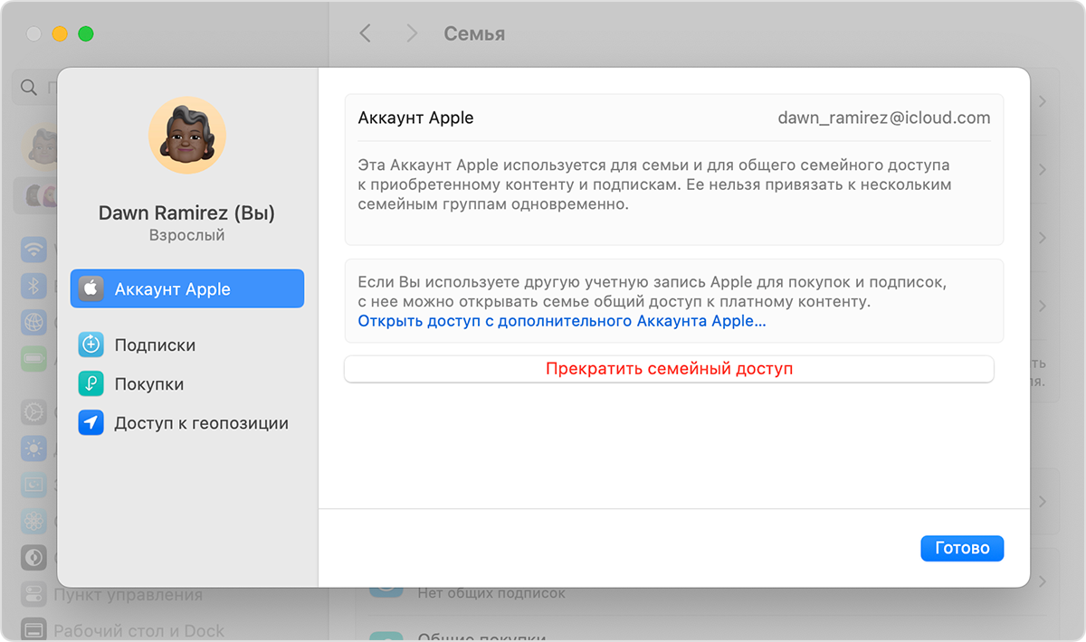 Экран компьютера Mac, на котором показаны действия для прекращения использования функции «Семейный доступ».