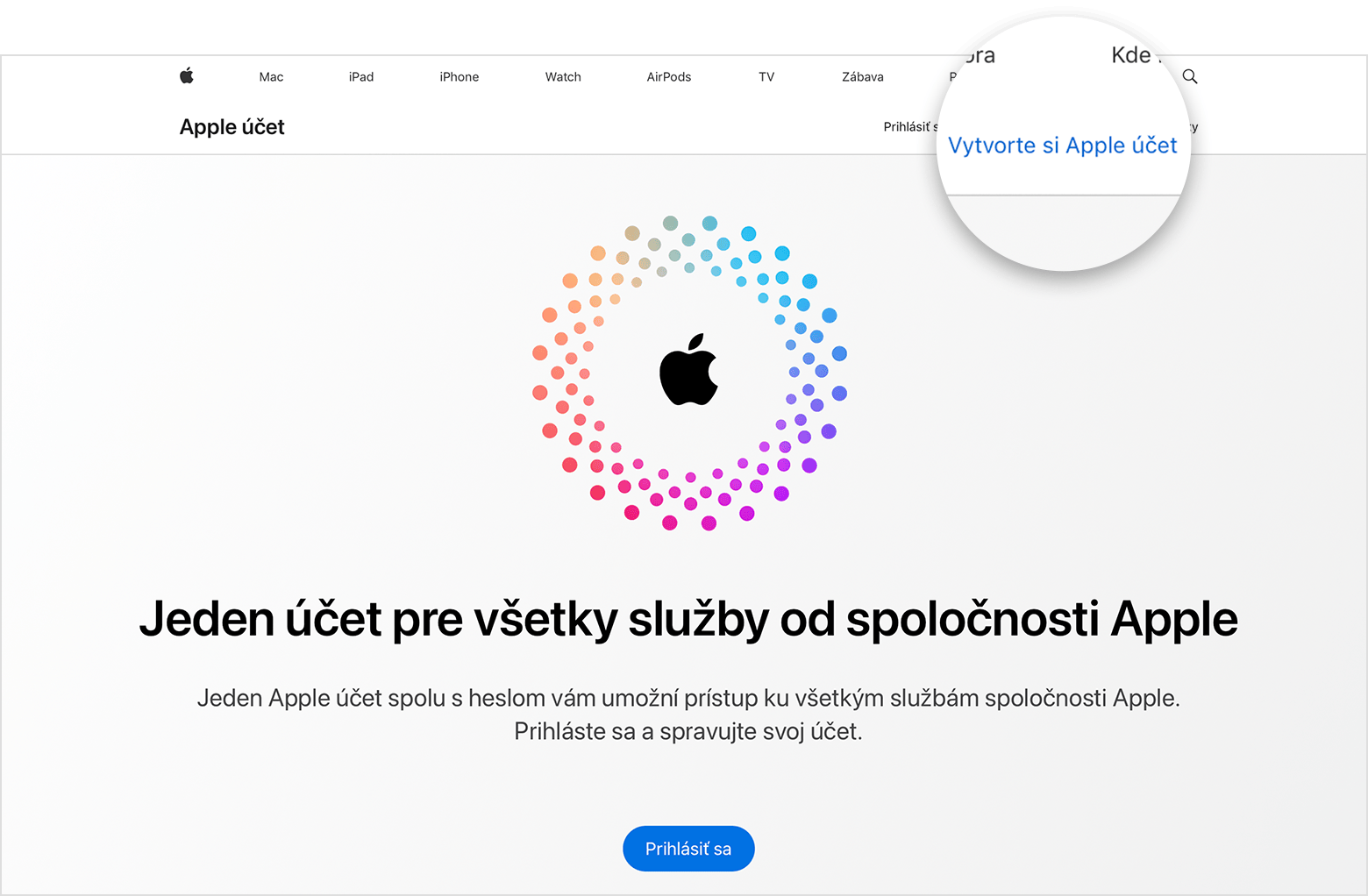 Obrazovka webu s odkazom na vytvorenie Apple účtu