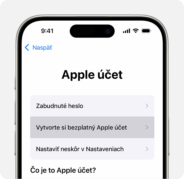 Obrazovka iPhonu s možnosťou výberu položky Vytvoriť bezplatný Apple účet