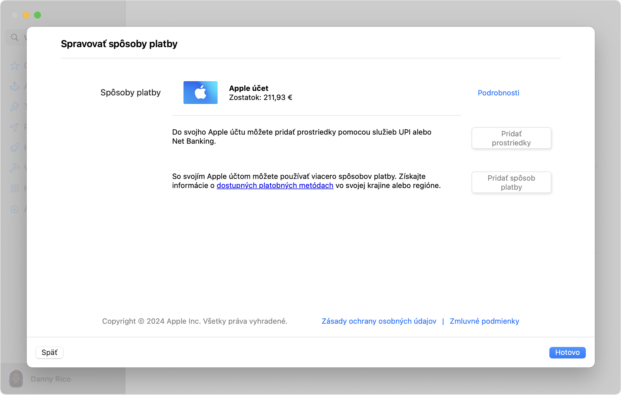 Obrazovka na Macu zobrazujúca nastavenia Spravovať platby so zvýrazneným tlačidlom Pridať spôsob platby.