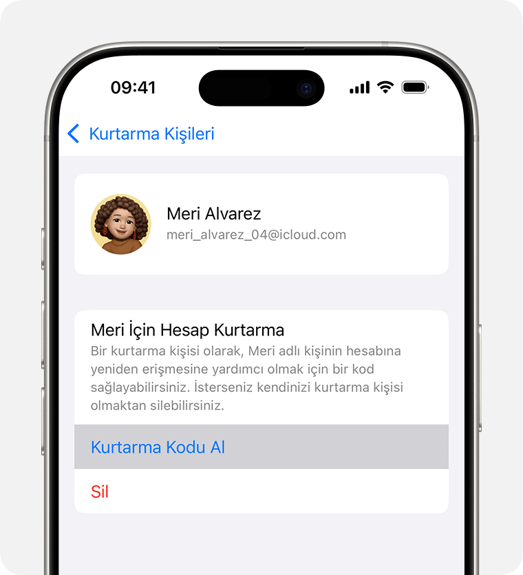 iPhone'da, bir arkadaşınızın veya aile üyenizin hesabına yeniden erişmesine yardımcı olmak için kurtarma kodu alma.