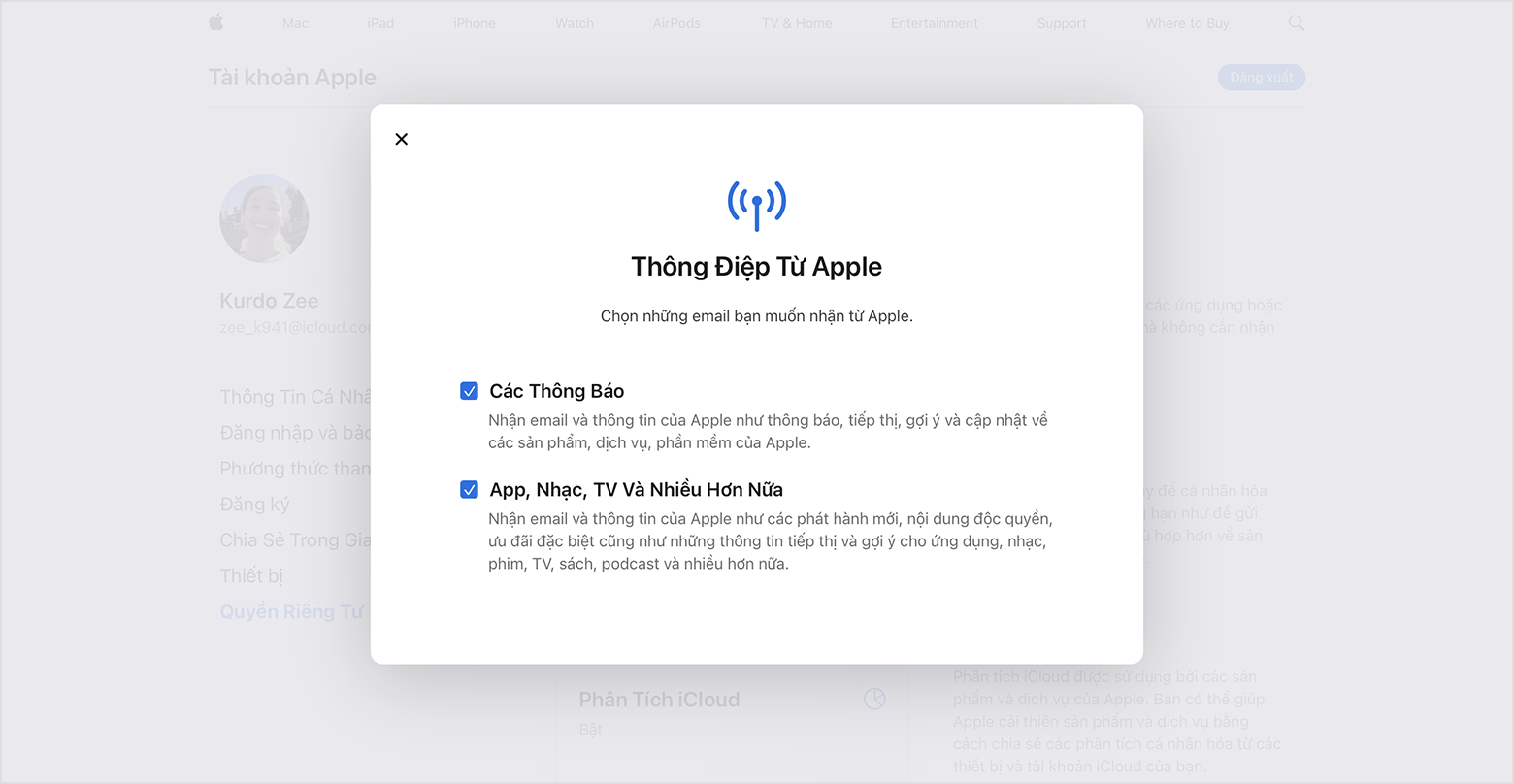 Trang web Tài khoản Apple hiển thị những loại email bạn có thể đăng ký