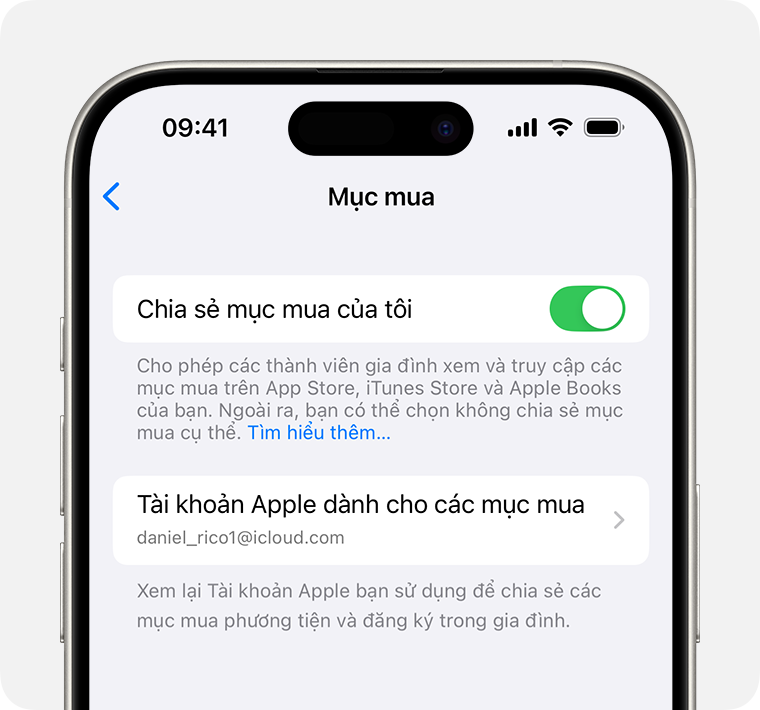 Màn hình iPhone hiển thị cách bật tính năng Chia sẻ mục mua của tôi.