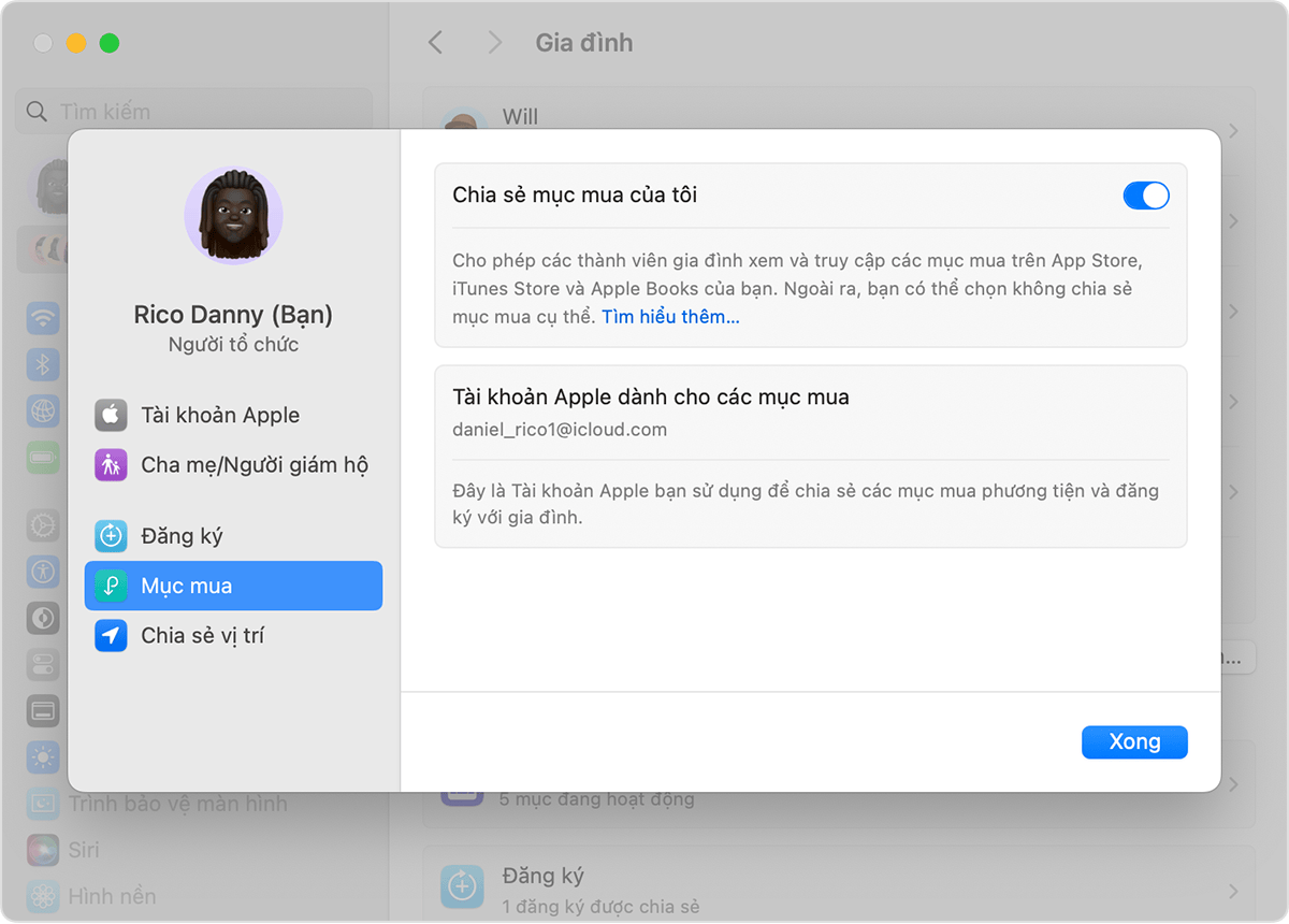 Màn hình máy Mac hiển thị cách bật Chia sẻ mục mua của tôi.