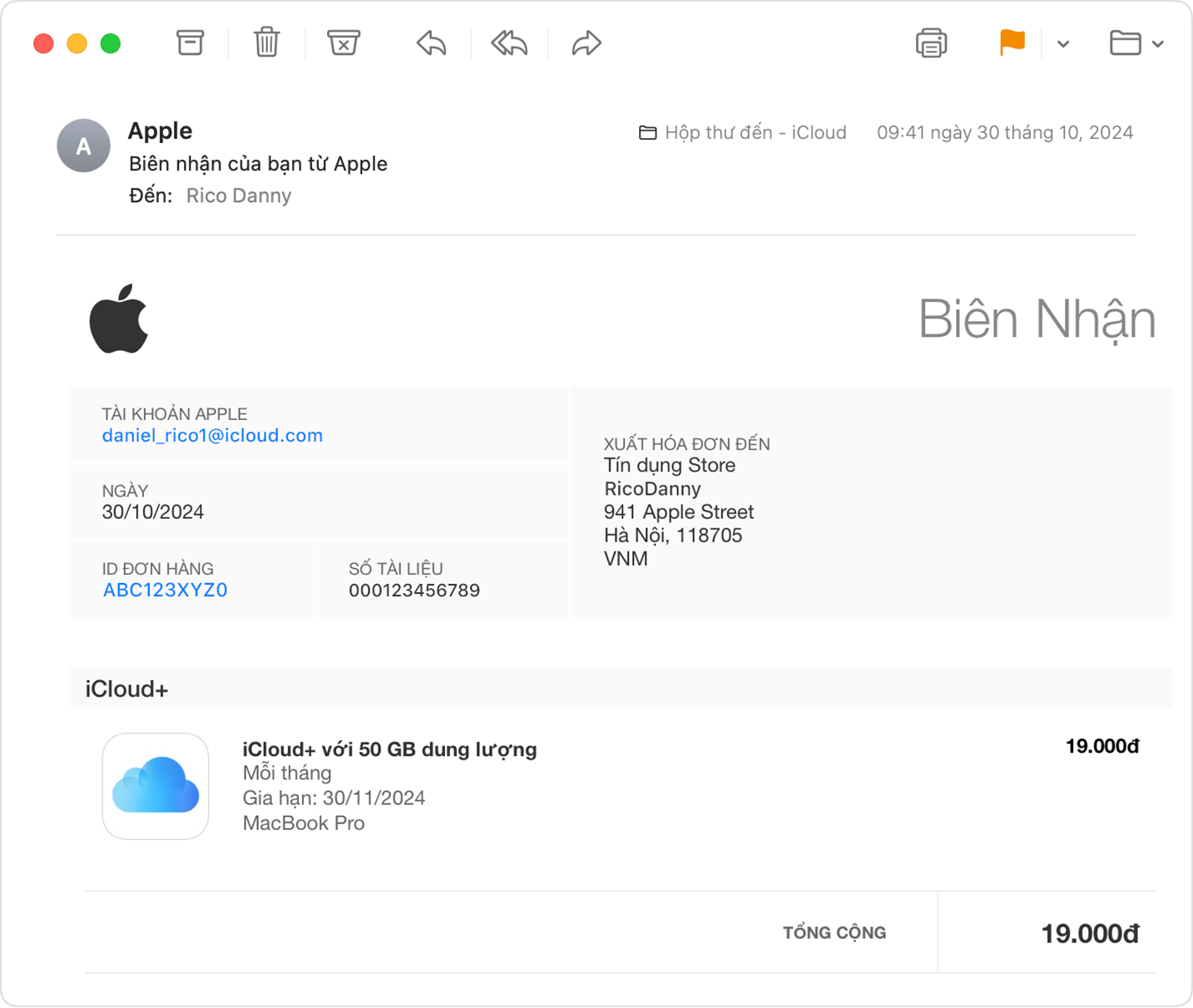 Hình ảnh hiển thị biên lai từ Apple trong hộp thư đến Mail iCloud.