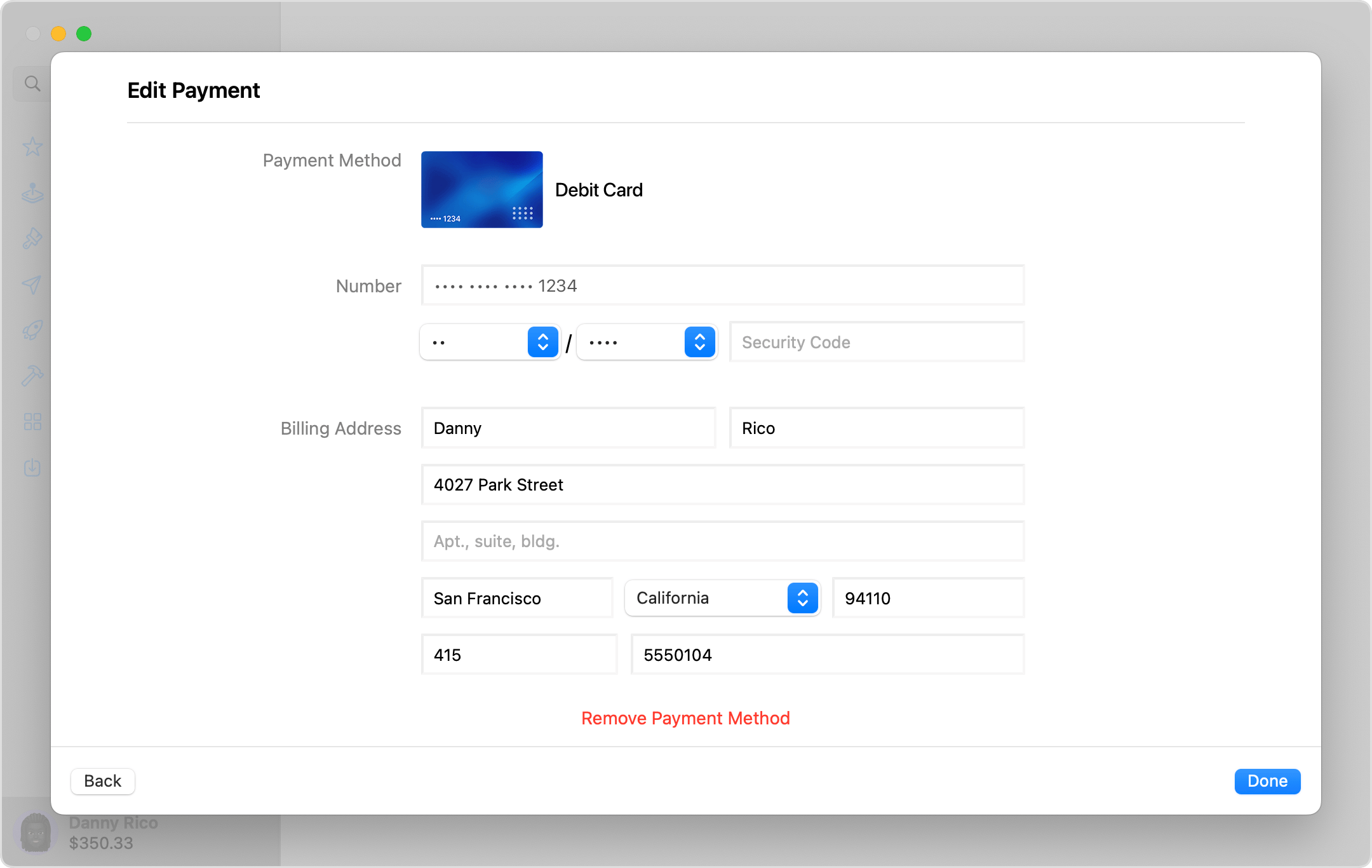 Écran macOS affichant les réglages Edit Payment Information (Modifier les informations de paiement). 