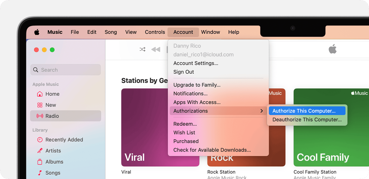 A app Apple Music no Mac a mostrar Autorizar este computador ou Desautorizar este computador