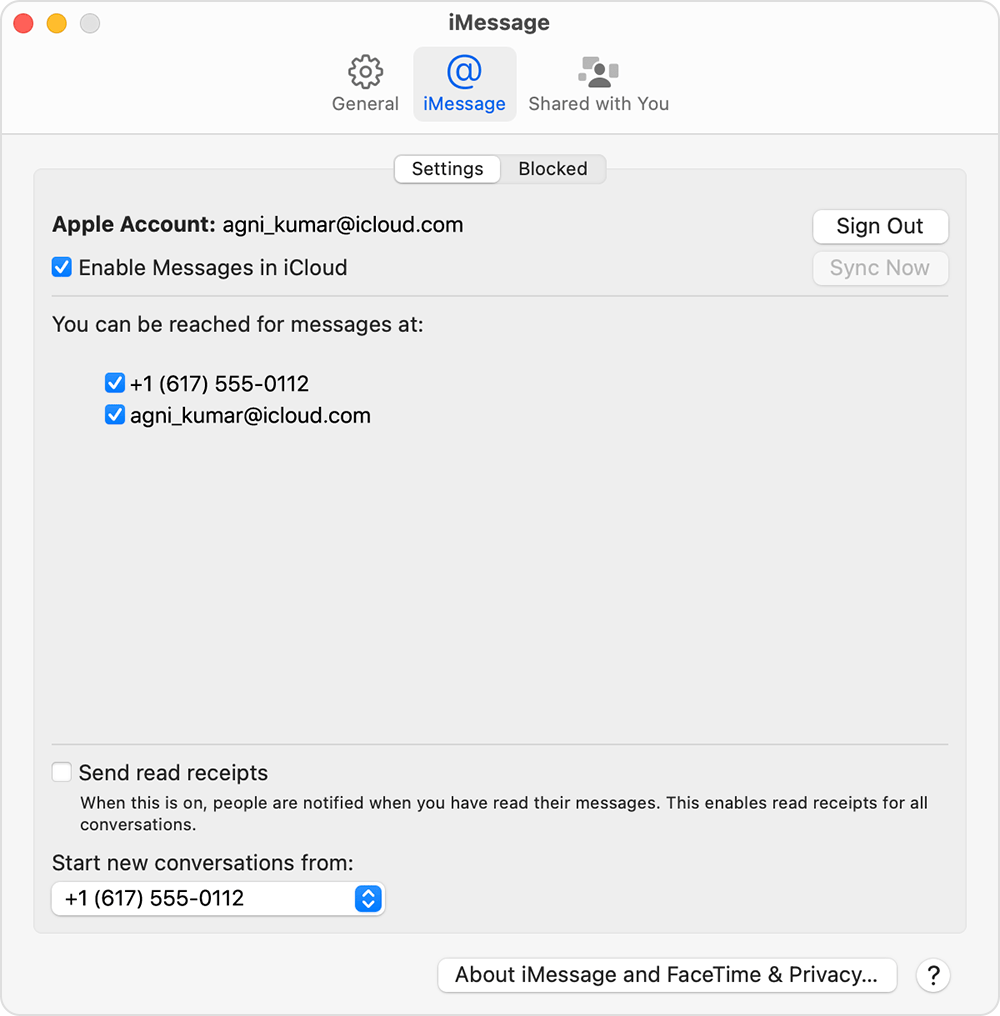 iMessage settings screen on a Mac with options to select which phone number or email address you'd like to use to receive iMessages and start new conversations.