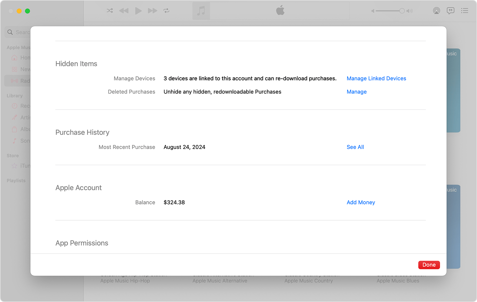 App Música no Mac a mostrar as Definições da conta e a opção para gerir dispositivos associados.