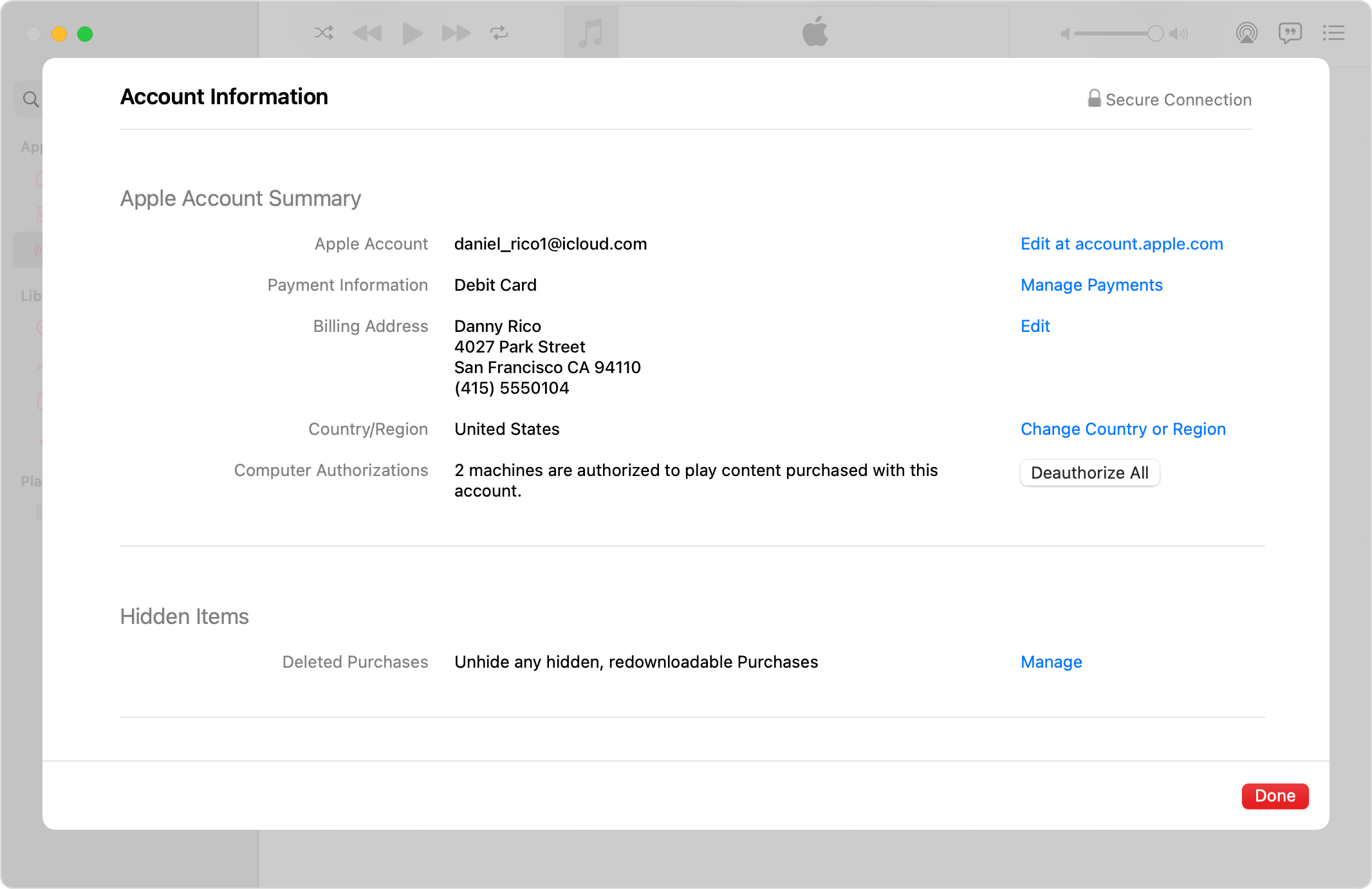 App Apple Music sur un Mac présentant la page Données du compte et le bouton Retirer toutes les autorisations