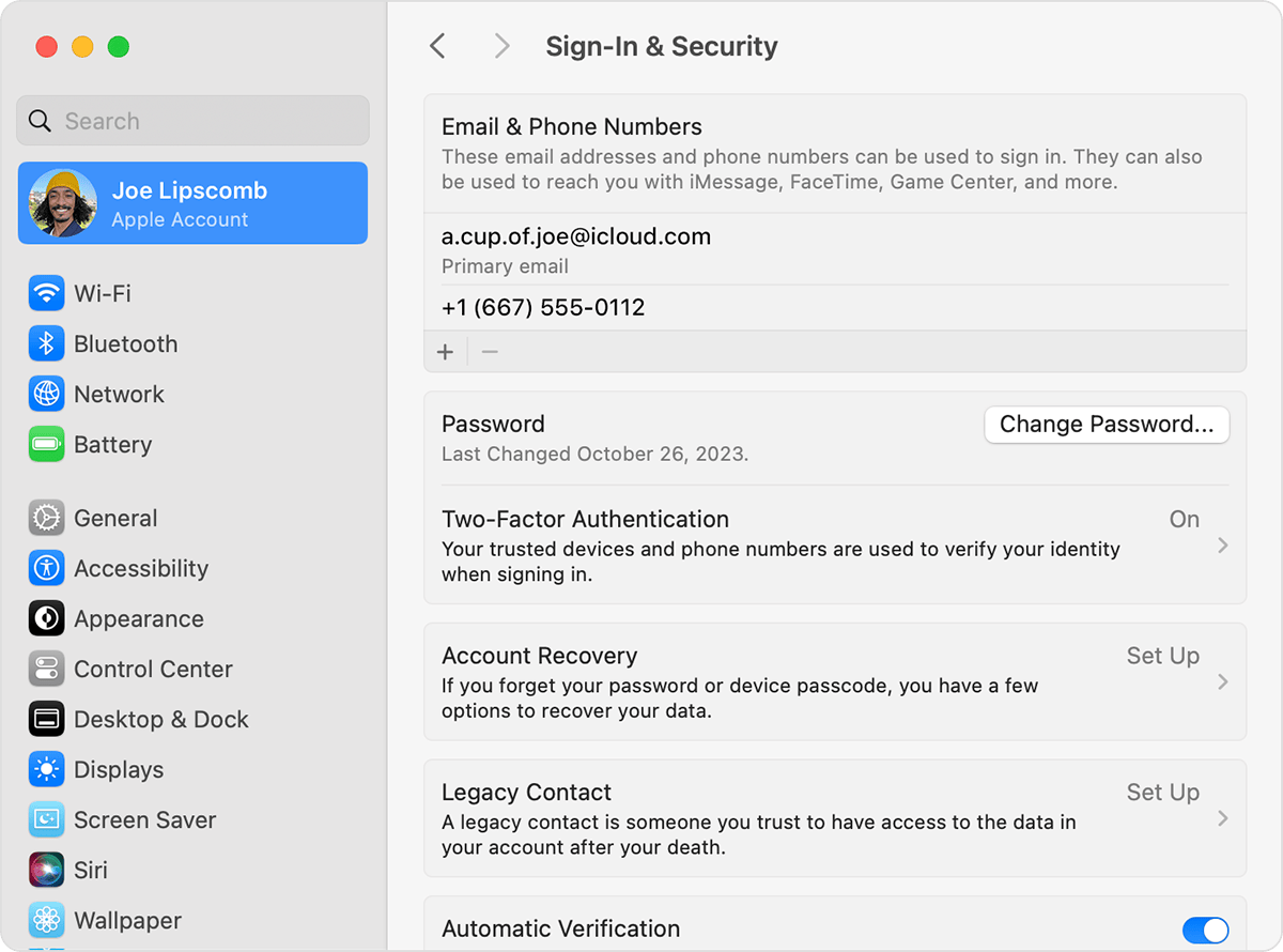 Mac System Settings showing the Sign In & Security settings and Change Password button