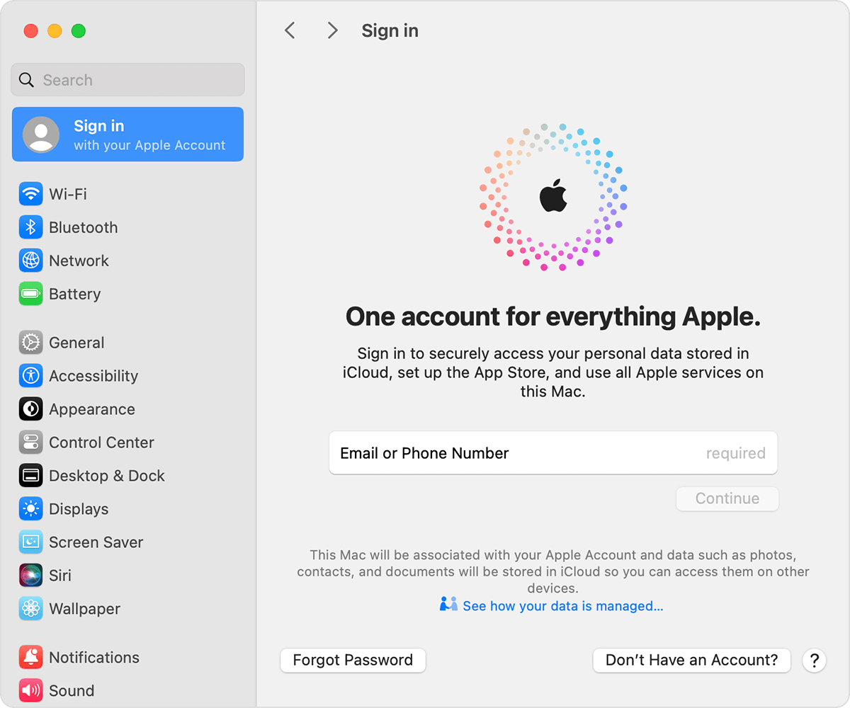 Schermata Mac che mostra il pulsante per Non hai un account?