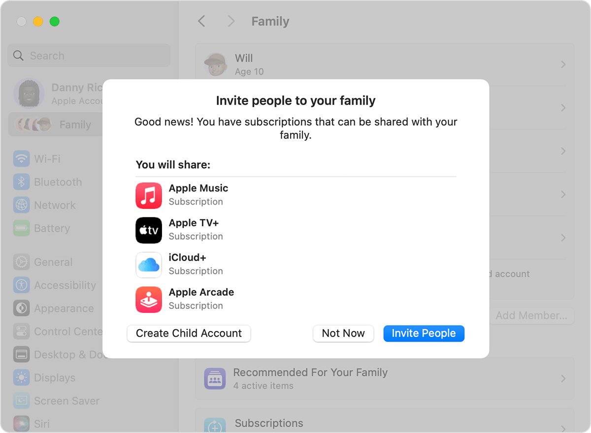 Mac System Settings showing Family Sharing invitation and the Create Child Account button