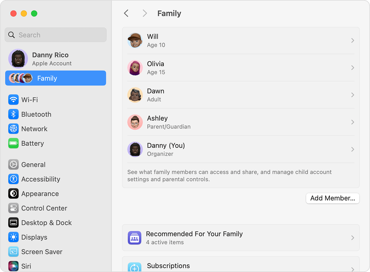 The Add Member button is below your family list.