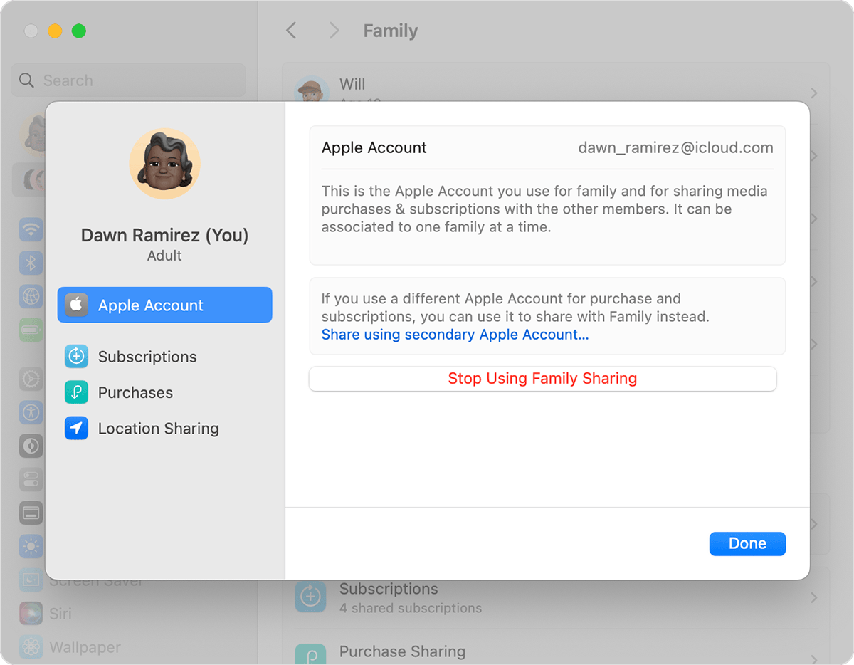 Mac-skärm som visar steget för att sluta använda Familjedelning.