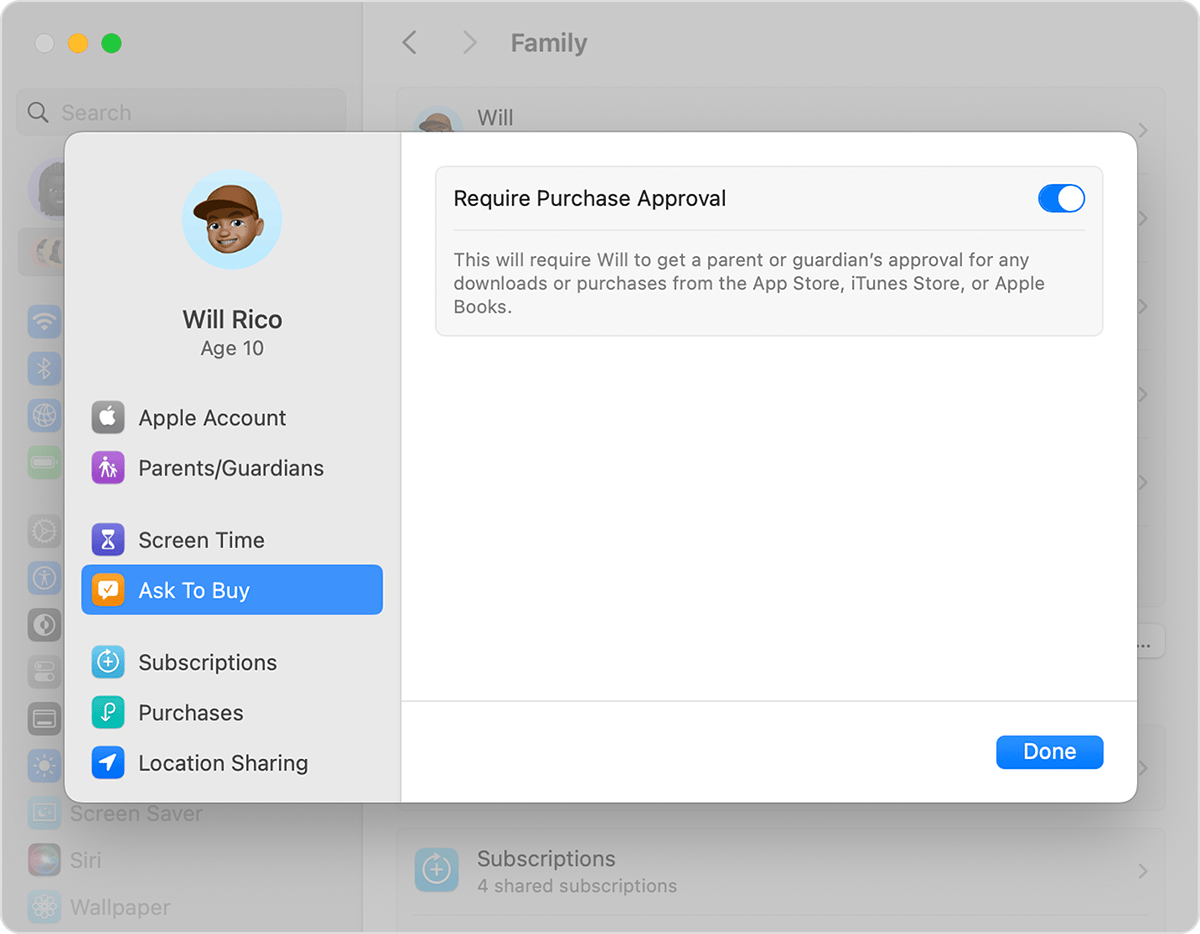 Une fois que vous avez cliqué sur le nom d’un membre de la famille, le réglage Demander l’autorisation d’achat apparaît dans la barre latérale.