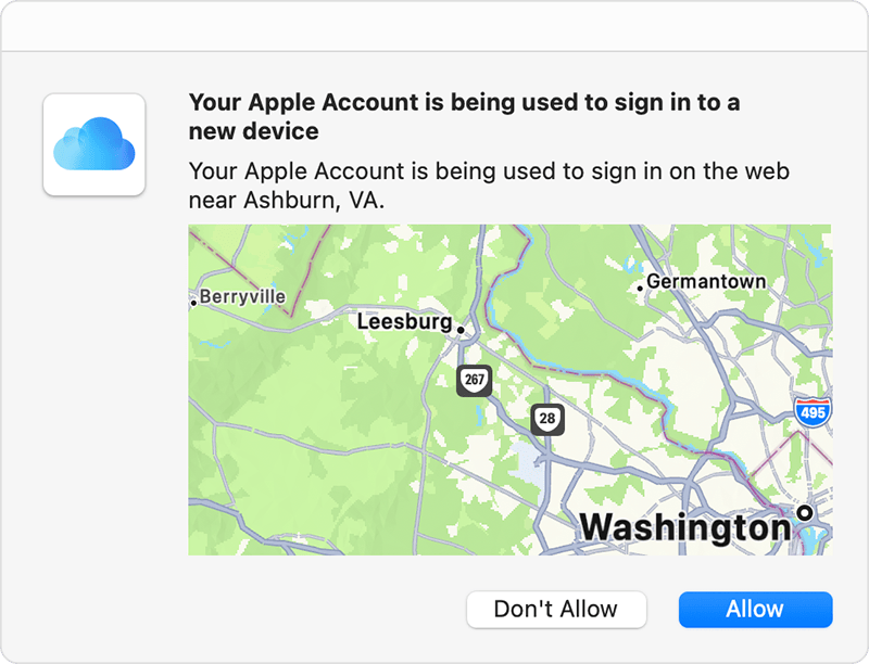 Map with Washington, DC prominently marked on it. The caption indicates that an Apple Account is being used to sign in to on the web near Ashburn, VA.