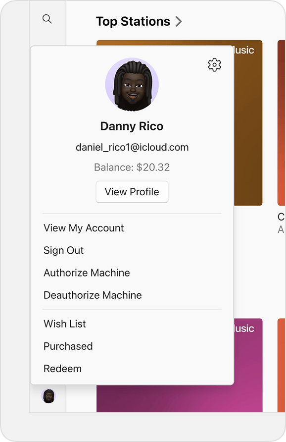 Το μενού λογαριασμού στο Apple Music για Windows, όπου εμφανίζεται το υπόλοιπο λογαριασμού.