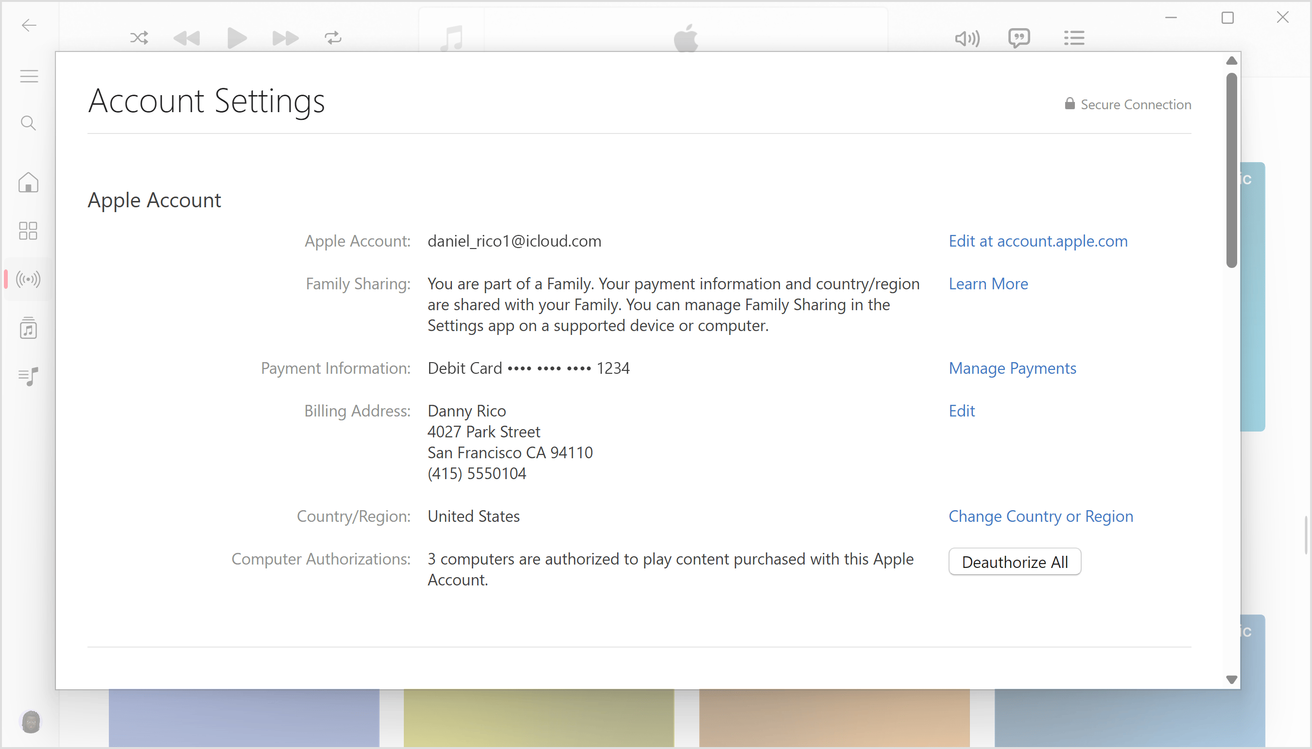 Apple Music-app voor Windows-pc met de pagina Accountinformatie en hoeveel computers zijn geautoriseerd