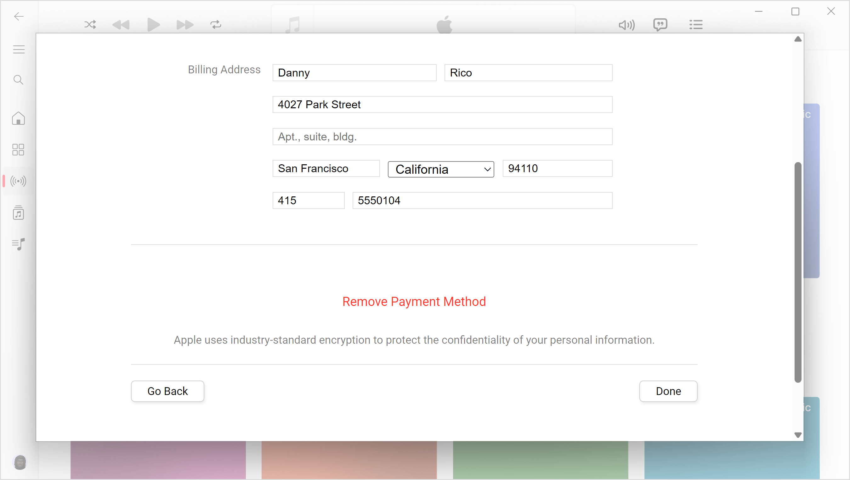 Ein Windows-Bildschirm mit den Einstellungen „Zahlungsinformationen bearbeiten“ in der App „Apple Music“. Um die Zahlungsmethode zu entfernen, klicke unten auf dem Bildschirm auf „Zahlungsmethode entfernen“.