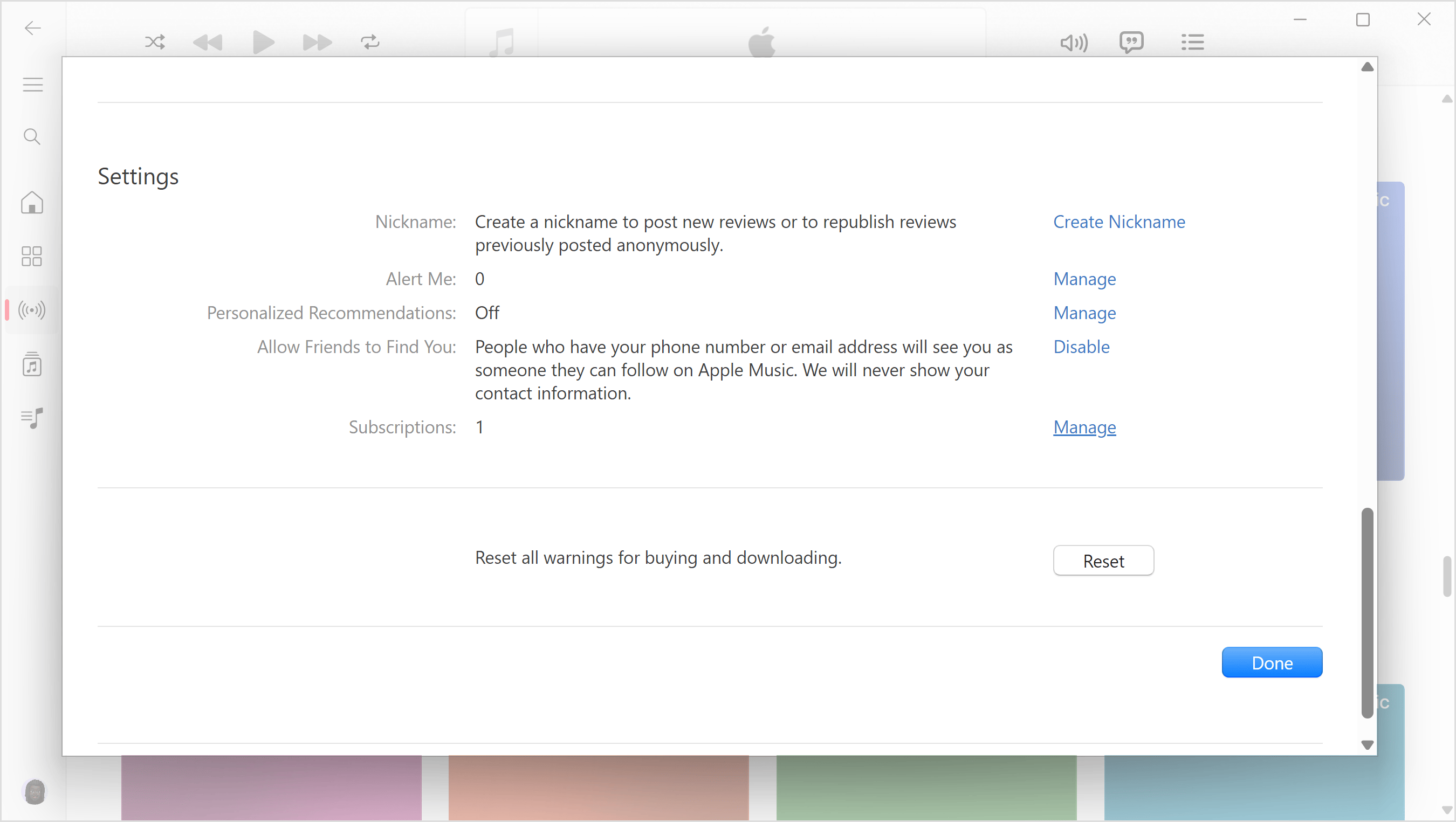 Apple Account settings in Apple Music app for Windows.