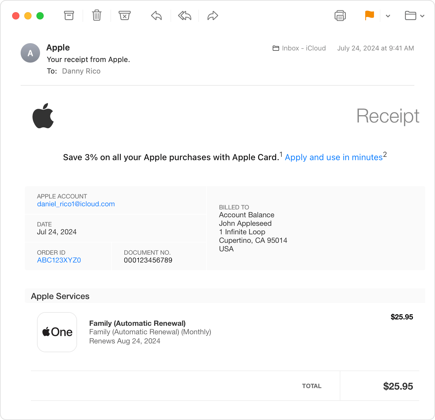 Email di ricevuta per l'acquisto di un abbonamento Apple One.