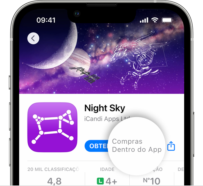 iPhone mostrando um app na App Store com a opção "Compras Dentro do App" ao lado do botão Obter.