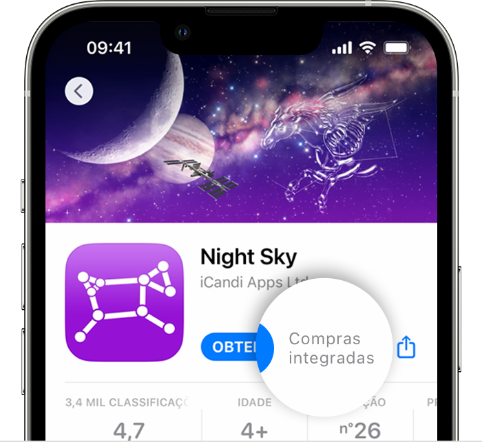 iPhone a mostrar uma app na App Store a indicar Compras integradas junto ao botão Obter.