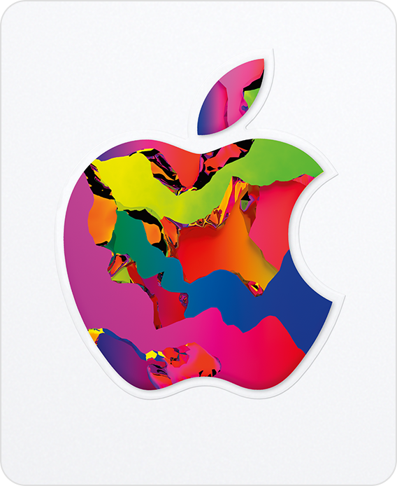 Beyaz arka plan üzerinde renkli Apple logosu bulunan bir Apple Gift Card.