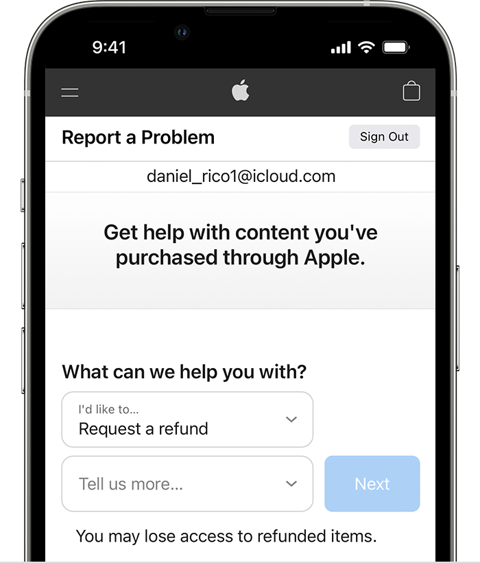 iPhone, ki prikazuje spletno mesto »Report a Problem« (Prijavi težavo), kjer lahko pošlješ zahtevo za povračilo. Ko izbereš »Request a refund« (Poslati zahtevo za povračilo), izberi razlog za povračilo.