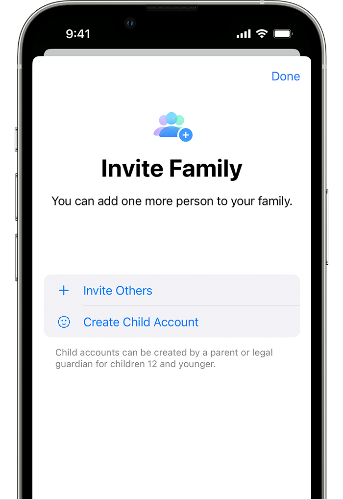 Create Child Account (Създаване на детски акаунт) е точно под Invite Others (Покана на други). 