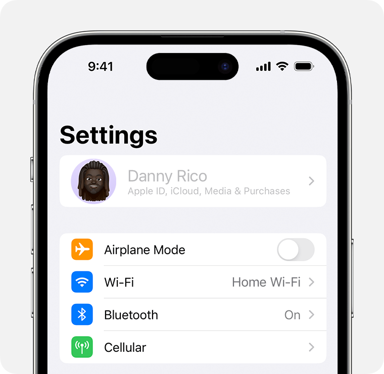An iPhone showing the owner’s name greyed out at the top of Settings.