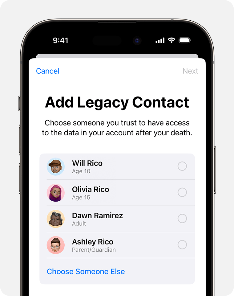 iPhone screen showing your Family Sharing members to add as Legacy Contact