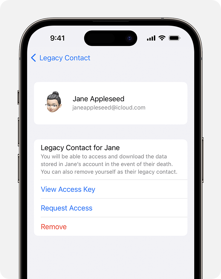 iPhone screen showing how to request access to become a Legacy Contact