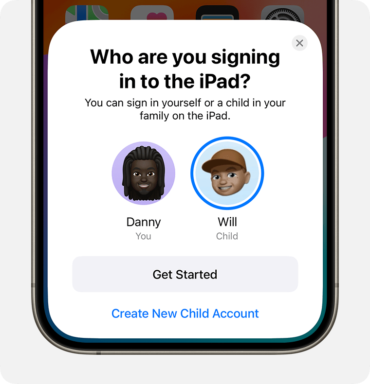 In the “Who are you signing in to the [device]?” screen, you can sign in yourself or a child in your family on the device.