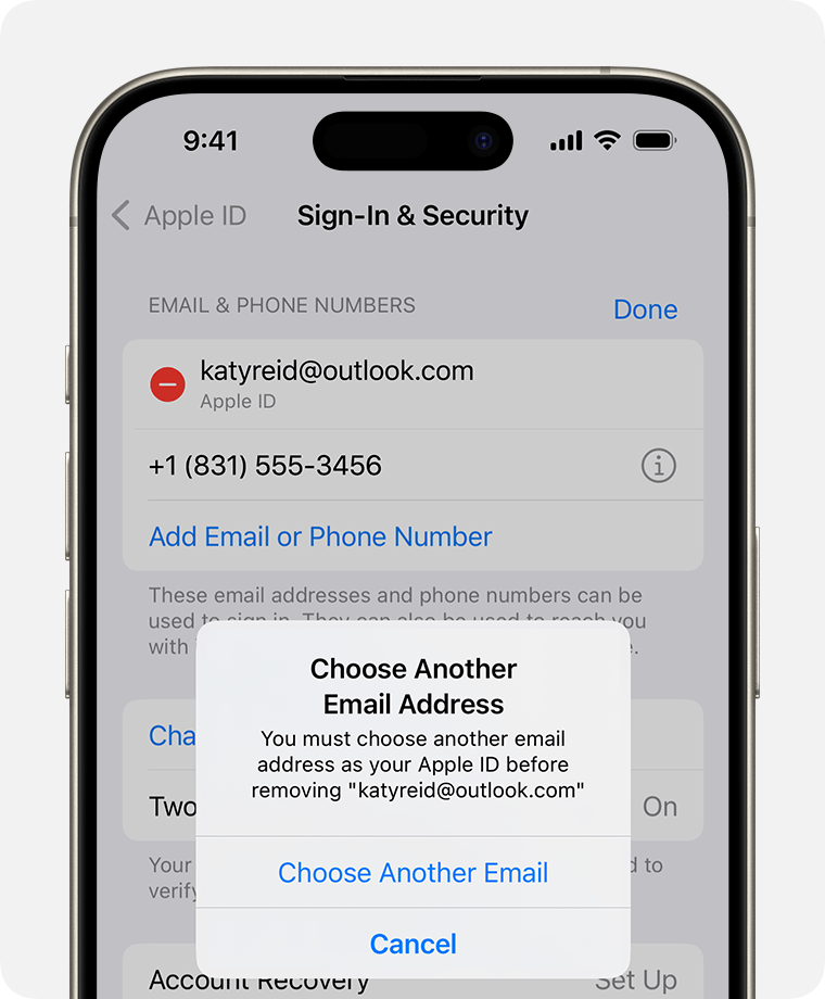 iPhone screen showing how to change your Apple ID email address 