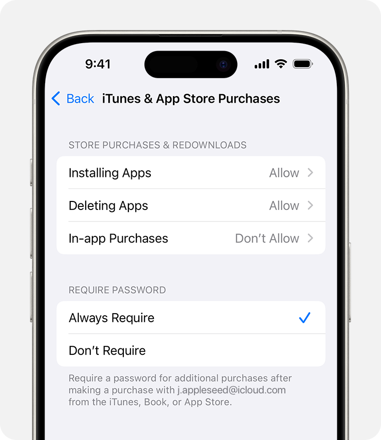 iPhone screen showing the setting to disable iTunes & App Store purchases 