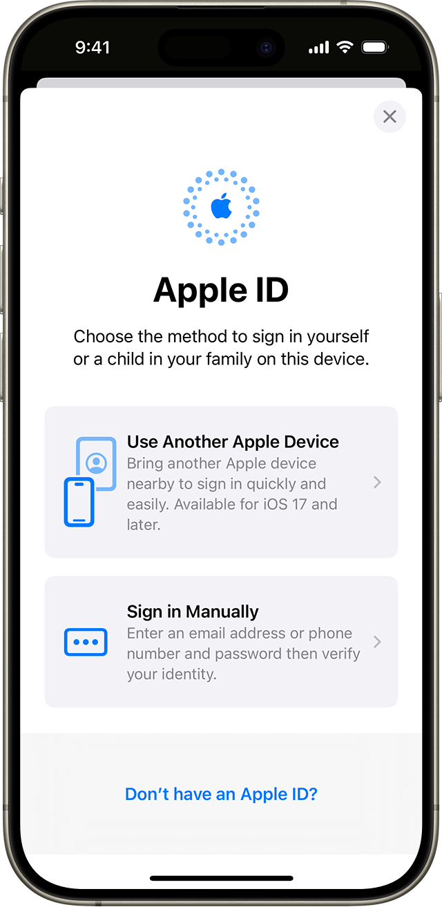 En los ajustes del iPhone, puedes iniciar sesión manualmente con tu ID de Apple o usar otro dispositivo Apple.