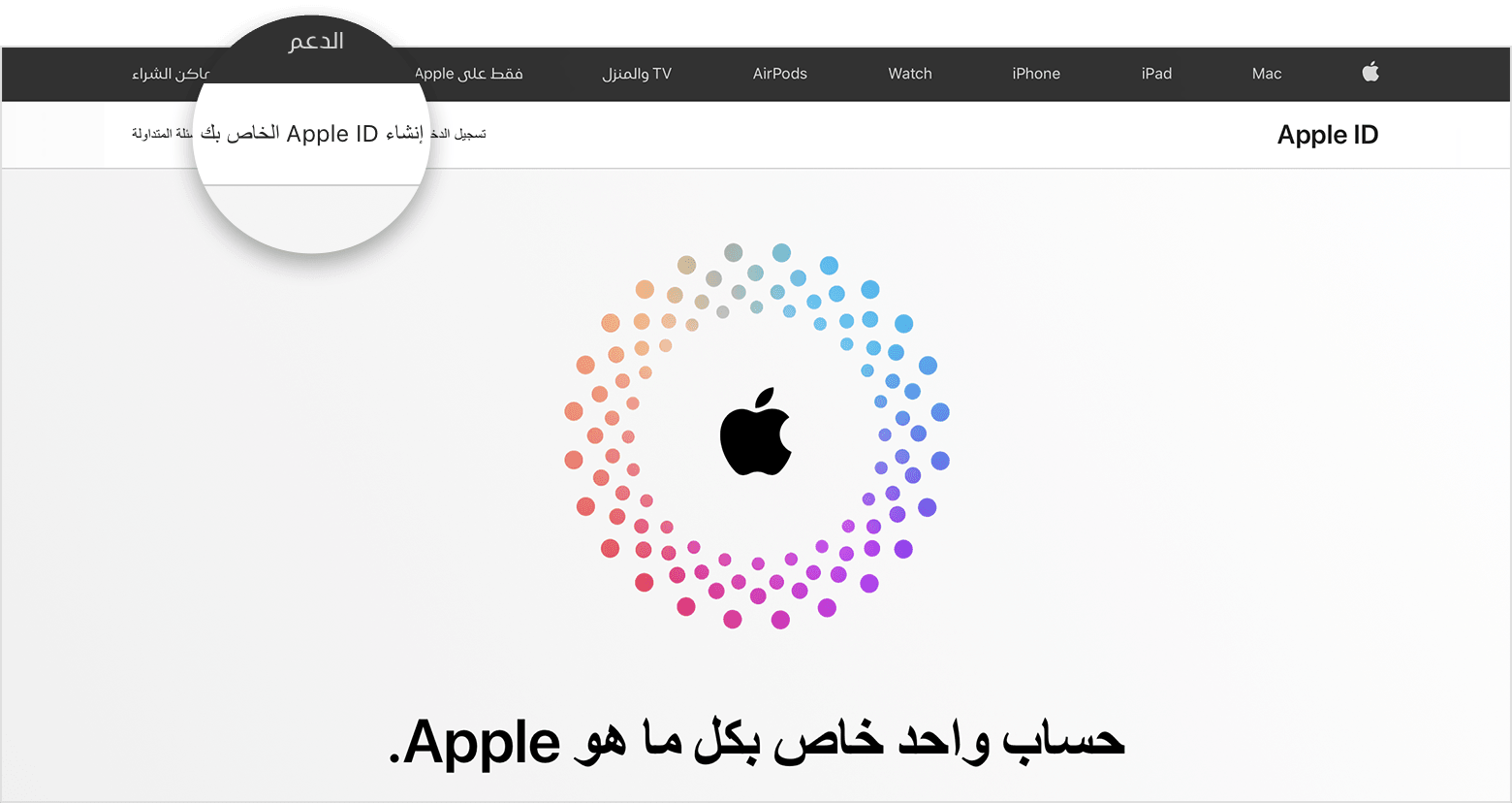 شاشة ويب تعرض رابط "إنشاء Apple ID" 