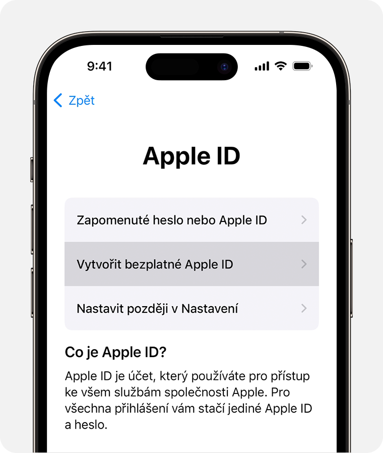 Obrazovka iPhonu s možností Vytvořit bezplatné Apple ID